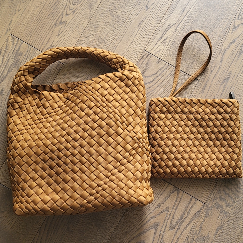 Tan Woven Shoulder Bag Set with Intricate Design
